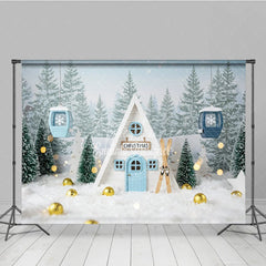 Aperturee - Aperturee Whimsical Christmas A-Frame Cabin Photography Backdrop Miniature Ski Lift in Snow Winter Holiday Photo Background