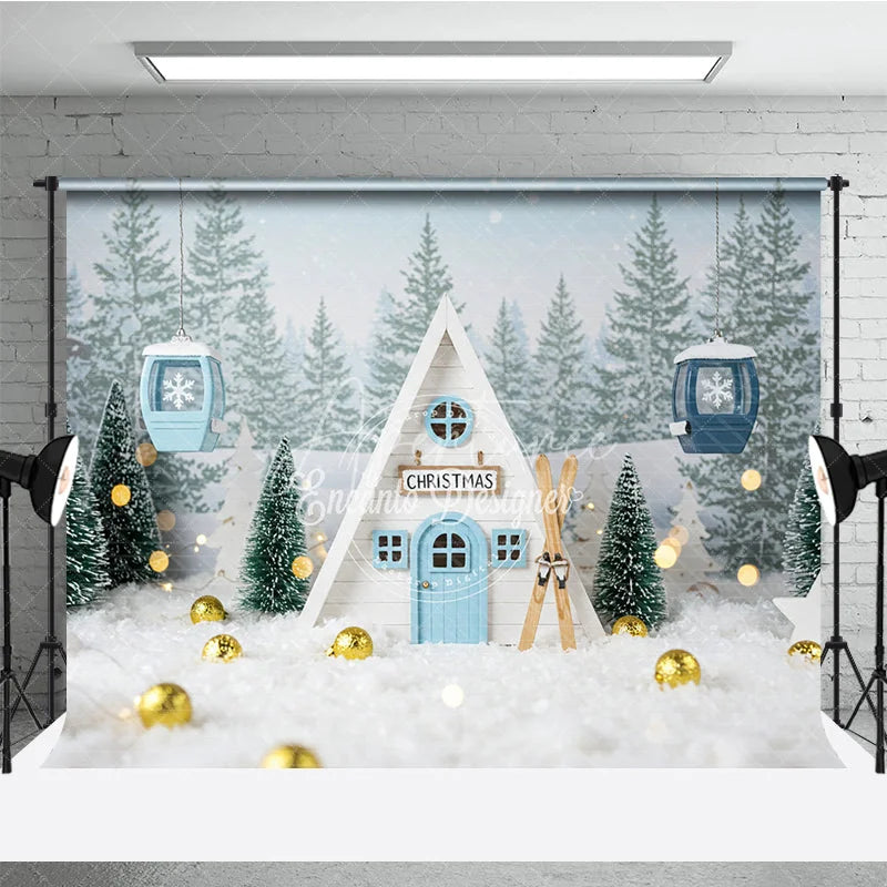 Aperturee - Aperturee Whimsical Christmas A-Frame Cabin Photography Backdrop Miniature Ski Lift in Snow Winter Holiday Photo Background