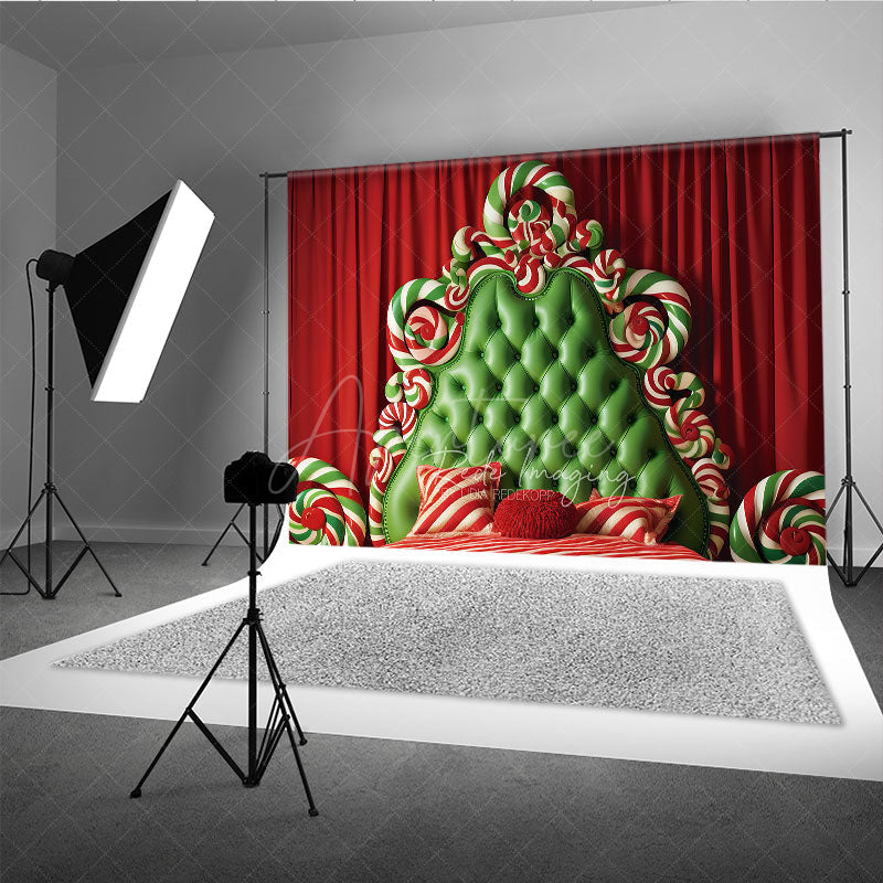 Aperturee Aperturee Whimsical Christmas Headboard Photography Backdrop Green Tufted Bed with Candy Canes Candyland Photo Prop