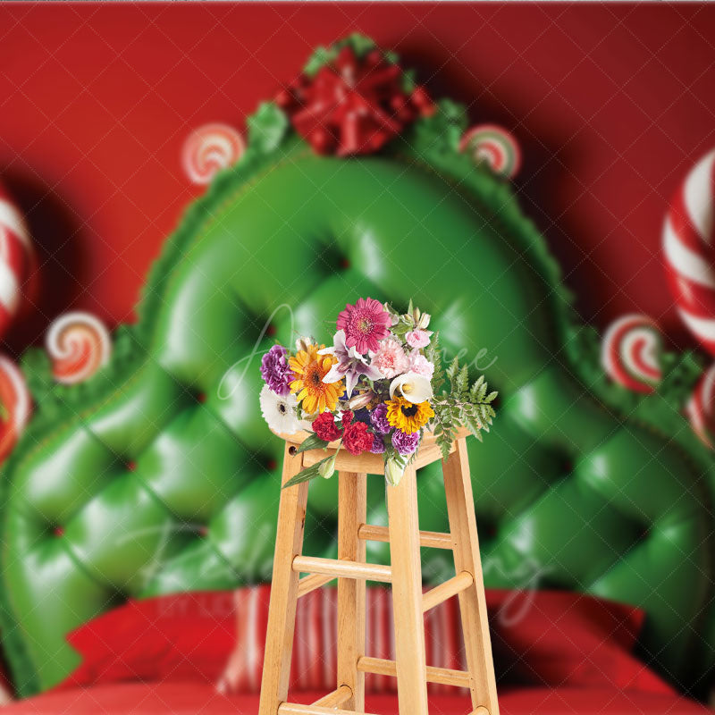 Aperturee Aperturee Whimsical Christmas Headboard Photography Backdrop Red and Green Tufted Bed Candyland Themed Photo Prop Decor