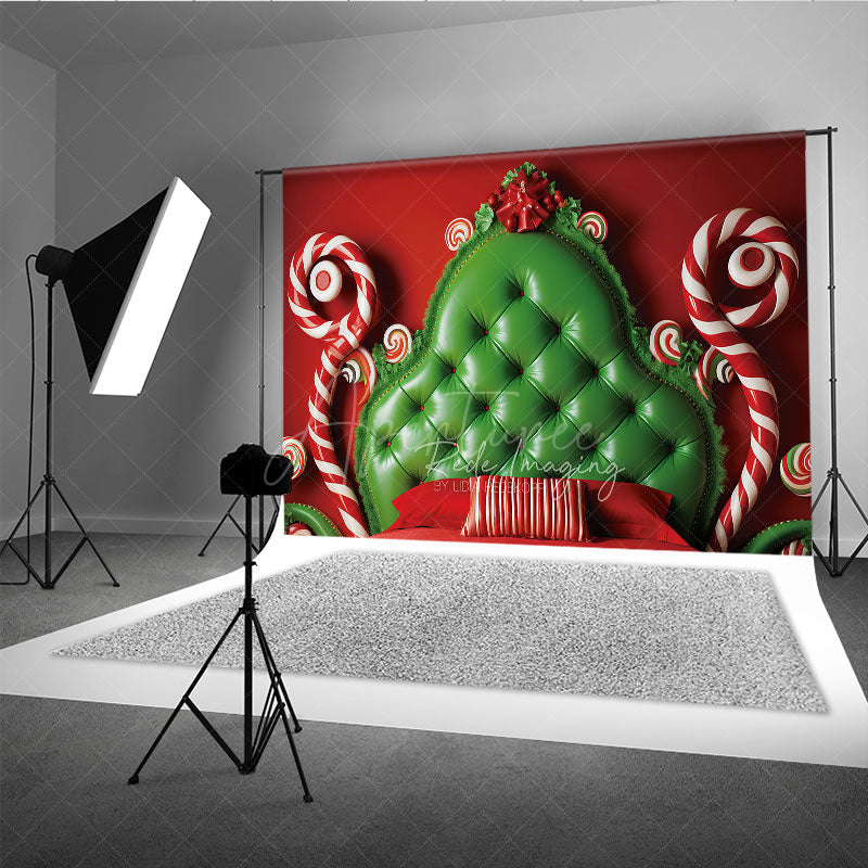 Aperturee Aperturee Whimsical Christmas Headboard Photography Backdrop Red and Green Tufted Bed Candyland Themed Photo Prop Decor