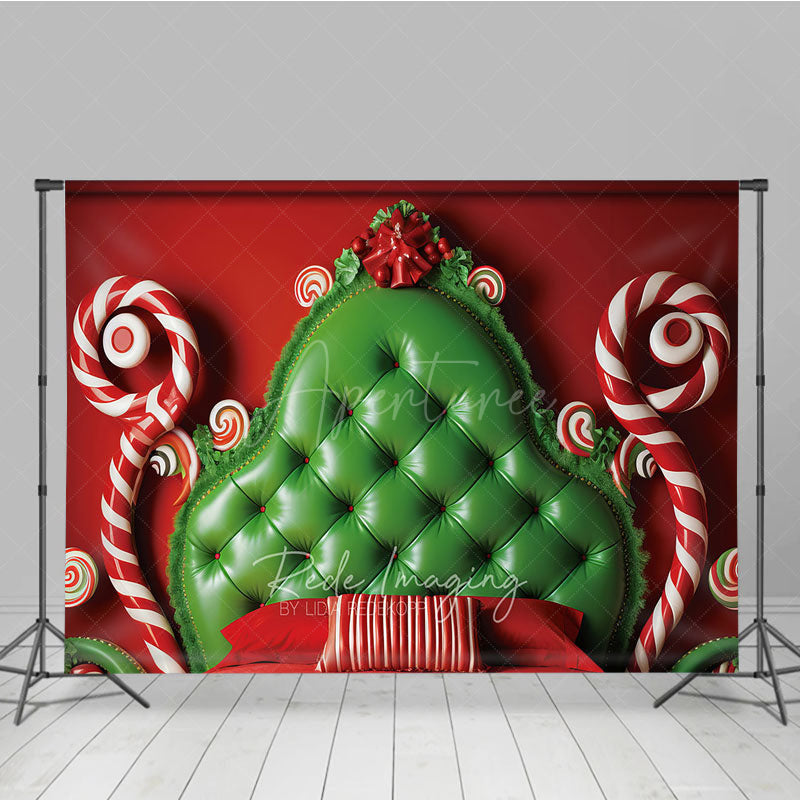 Aperturee Aperturee Whimsical Christmas Headboard Photography Backdrop Red and Green Tufted Bed Candyland Themed Photo Prop Decor