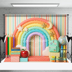 Aperturee - Aperturee Whimsical Colorful Rainbow School Photography Backdrop with Books Pencils and Globe for Back to School Party