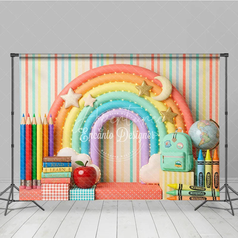 Aperturee - Aperturee Whimsical Colorful Rainbow School Photography Backdrop with Books Pencils and Globe for Back to School Party