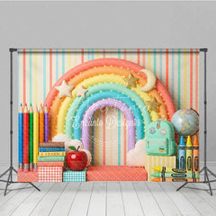 Aperturee - Aperturee Whimsical Colorful Rainbow School Photography Backdrop with Books Pencils and Globe for Back to School Party
