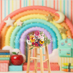 Aperturee - Aperturee Whimsical Colorful Rainbow School Photography Backdrop with Books Pencils and Globe for Back to School Party