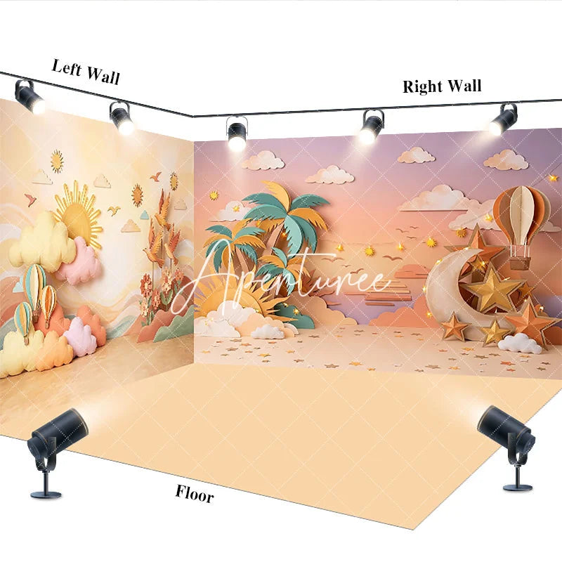 Aperturee - Aperturee Whimsical Desert Sunset Room Set Backdrop with Sun Clouds Moon Stars Hot Air Balloons Baby Kids Photography