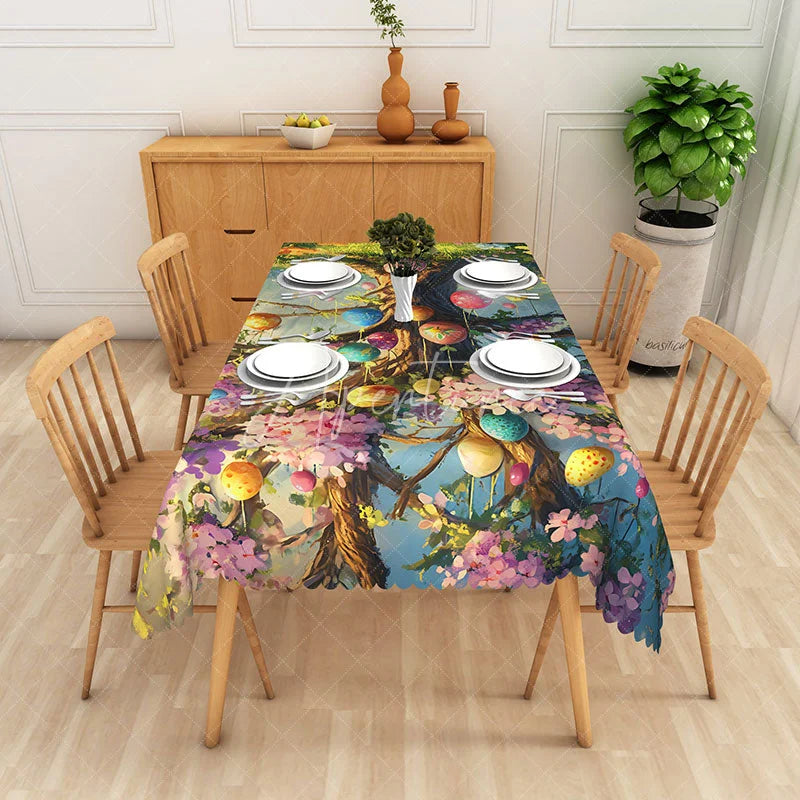 Aperturee - Aperturee Whimsical Easter Egg Tree Rectangle Tablecloth Pink Flower Blue Sky Table Cover Spring Holiday Party Decor