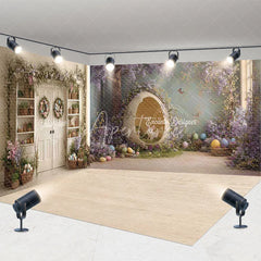 Aperturee - Aperturee Whimsical Easter Room Set Backdrop with Bunny in Egg Purple Wisteria and Floral Garlands for Spring Party