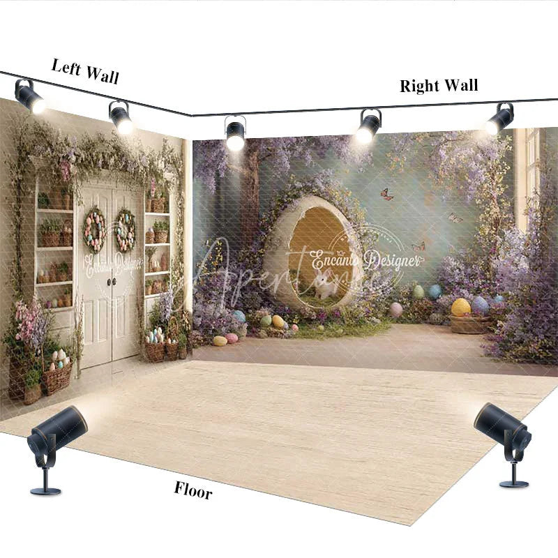 Aperturee - Aperturee Whimsical Easter Room Set Backdrop with Bunny in Egg Purple Wisteria and Floral Garlands for Spring Party