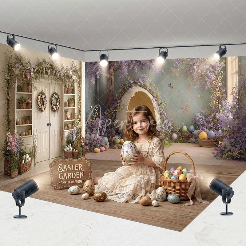 Aperturee - Aperturee Whimsical Easter Room Set Backdrop with Bunny in Egg Purple Wisteria and Floral Garlands for Spring Party