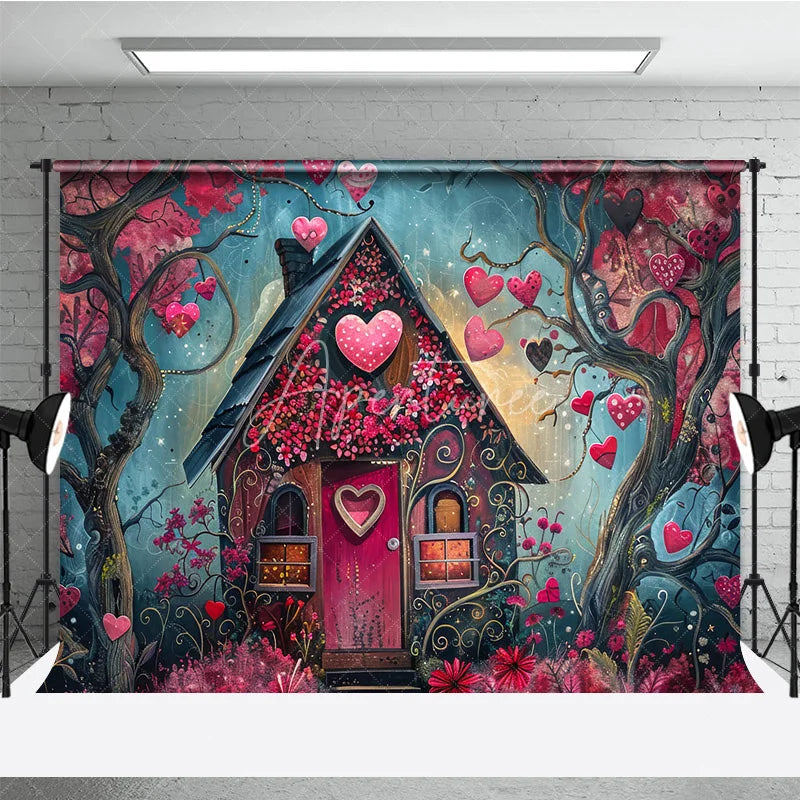 Aperturee - Aperturee Whimsical Fairytale House Photography Backdrop with Pink and Red Hearts Enchanted Forest Romantic Celebration Decor