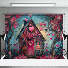 Aperturee - Aperturee Whimsical Fairytale House Photography Backdrop with Pink and Red Hearts Enchanted Forest Romantic Celebration Decor
