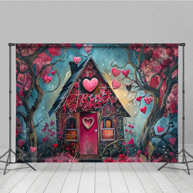 Aperturee - Aperturee Whimsical Fairytale House Photography Backdrop with Pink and Red Hearts Enchanted Forest Romantic Celebration Decor