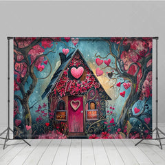 Aperturee - Aperturee Whimsical Fairytale House Photography Backdrop with Pink and Red Hearts Enchanted Forest Romantic Celebration Decor