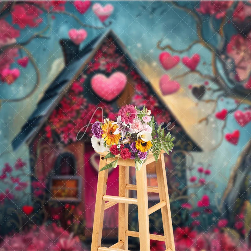 Aperturee - Aperturee Whimsical Fairytale House Photography Backdrop with Pink and Red Hearts Enchanted Forest Romantic Celebration Decor