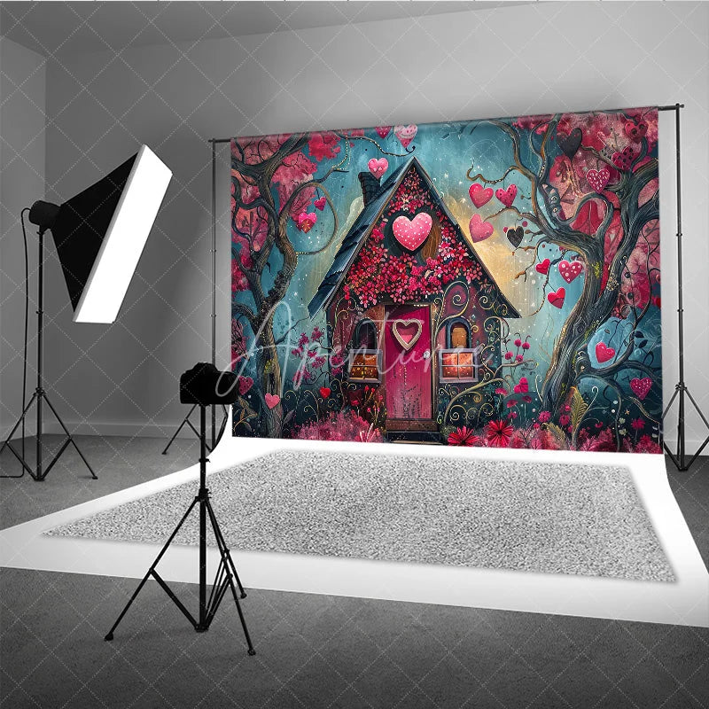 Aperturee - Aperturee Whimsical Fairytale House Photography Backdrop with Pink and Red Hearts Enchanted Forest Romantic Celebration Decor