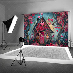 Aperturee - Aperturee Whimsical Fairytale House Photography Backdrop with Pink and Red Hearts Enchanted Forest Romantic Celebration Decor