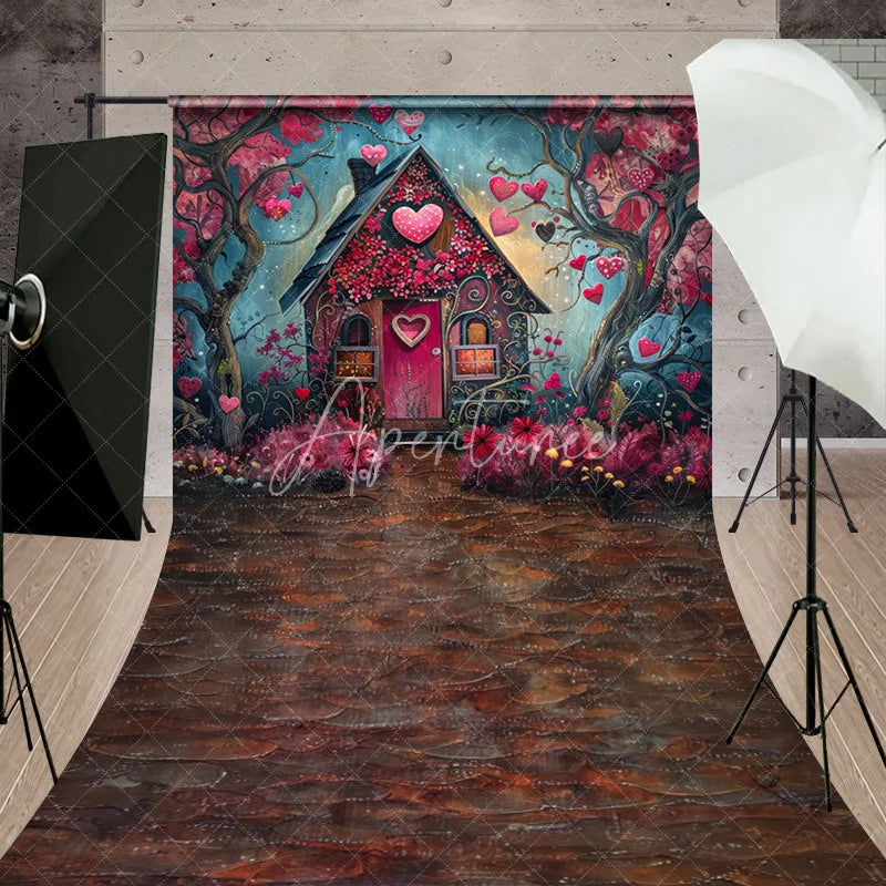 Aperturee - Aperturee Whimsical Fairytale House with Pink Hearts and Flowers Sweep Backdrop Romantic Valentine’s Day Love Celebration