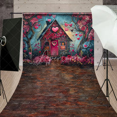 Aperturee - Aperturee Whimsical Fairytale House with Pink Hearts and Flowers Sweep Backdrop Romantic Valentine’s Day Love Celebration