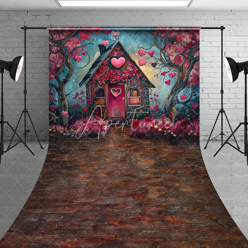 Aperturee - Aperturee Whimsical Fairytale House with Pink Hearts and Flowers Sweep Backdrop Romantic Valentine’s Day Love Celebration