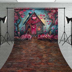 Aperturee - Aperturee Whimsical Fairytale House with Pink Hearts and Flowers Sweep Backdrop Romantic Valentine’s Day Love Celebration