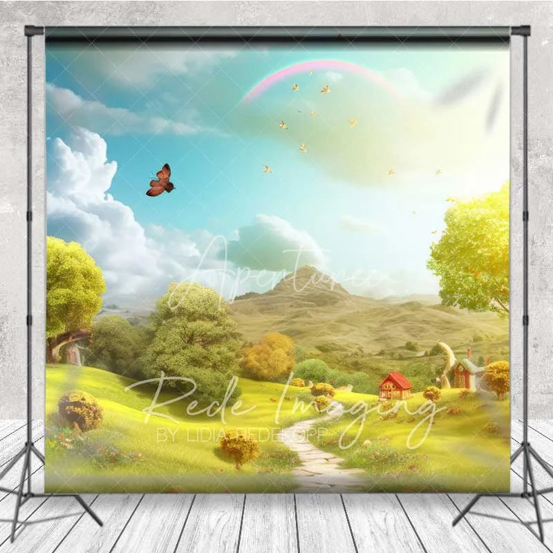 Aperturee - Aperturee Whimsical Fairytale Scenery Backdrop Green Hills Path Rainbow Butterfly Sunny Sky Photo Studio