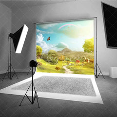 Aperturee - Aperturee Whimsical Fairytale Scenery Backdrop Green Hills Path Rainbow Butterfly Sunny Sky Photo Studio