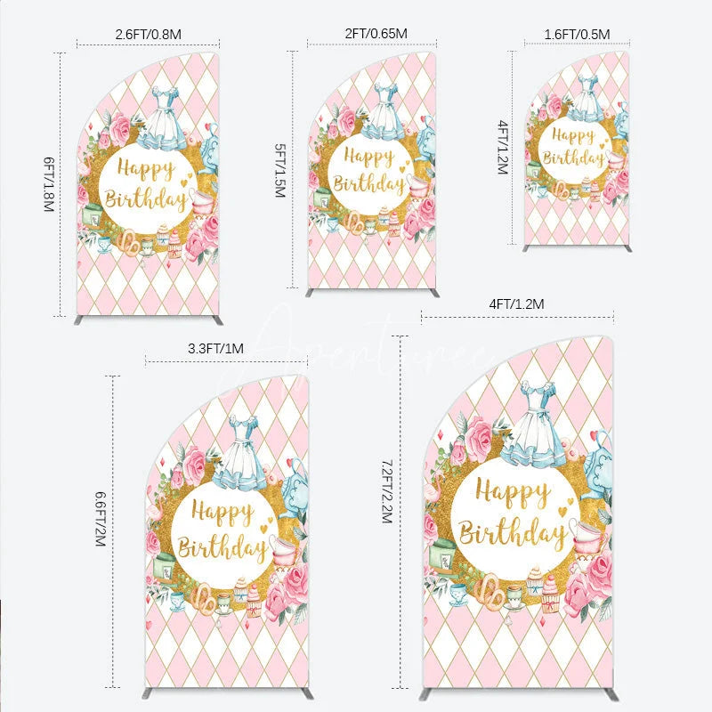 Aperturee - Aperturee Whimsical Fairytale Tea Party Half Moon Arch Backdrop with Pink Diamond Gold Glitter Happy Birthday Celebration