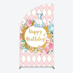 Aperturee - Aperturee Whimsical Fairytale Tea Party Half Moon Arch Backdrop with Pink Diamond Gold Glitter Happy Birthday Celebration