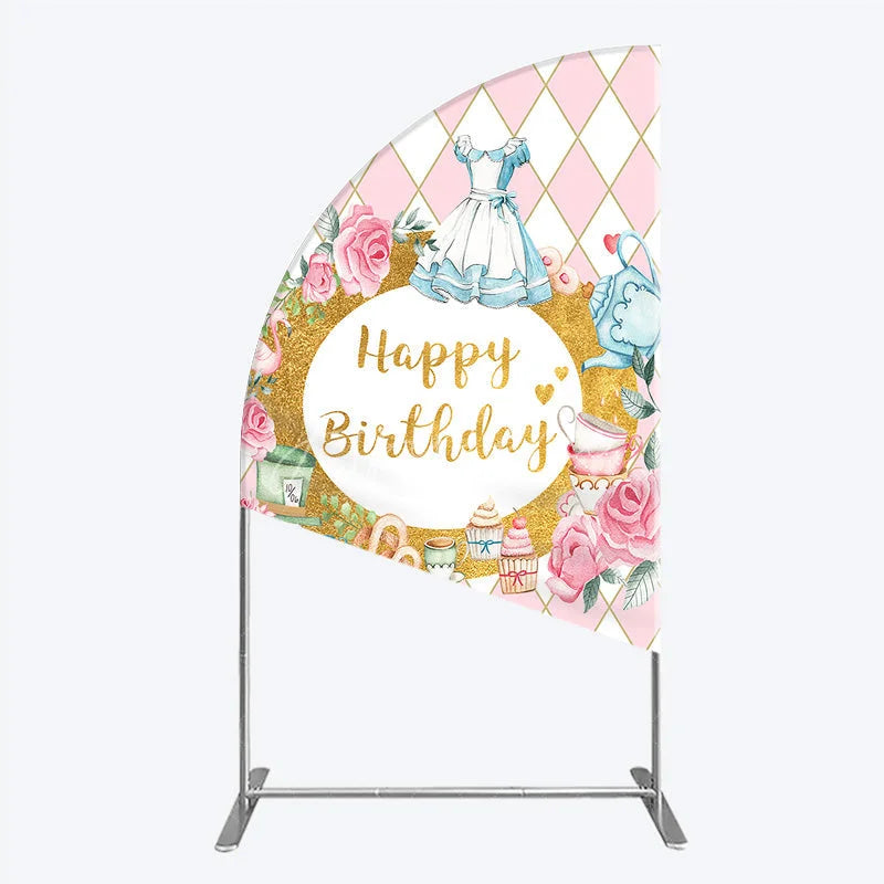 Aperturee - Aperturee Whimsical Fairytale Tea Party Half Moon Arch Backdrop with Pink Diamond Gold Glitter Happy Birthday Celebration