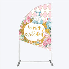 Aperturee - Aperturee Whimsical Fairytale Tea Party Half Moon Arch Backdrop with Pink Diamond Gold Glitter Happy Birthday Celebration
