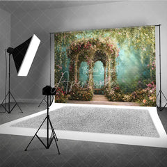 Aperturee - Aperturee Whimsical Floral Garden Gazebo Photography Backdrop Lush Greenery and Romantic Archway for Wedding Party Decor