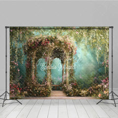 Aperturee - Aperturee Whimsical Floral Garden Gazebo Photography Backdrop Lush Greenery and Romantic Archway for Wedding Party Decor