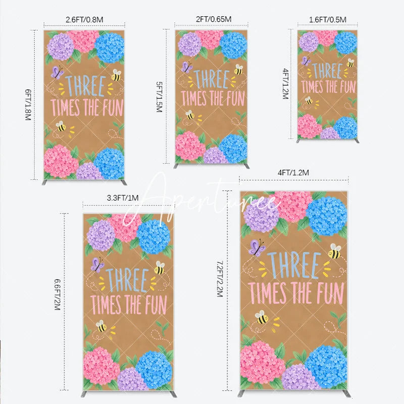 Aperturee - Aperturee Whimsical Floral Hydrangea Butterfly Bee Rectangle Arch Backdrop Three Times the Fun Birthday Decor