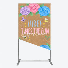 Aperturee - Aperturee Whimsical Floral Hydrangea Butterfly Bee Rectangle Arch Backdrop Three Times the Fun Birthday Decor