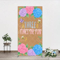 Aperturee - Aperturee Whimsical Floral Hydrangea Butterfly Bee Rectangle Arch Backdrop Three Times the Fun Birthday Decor