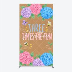 Aperturee - Aperturee Whimsical Floral Hydrangea Butterfly Bee Rectangle Arch Backdrop Three Times the Fun Birthday Decor
