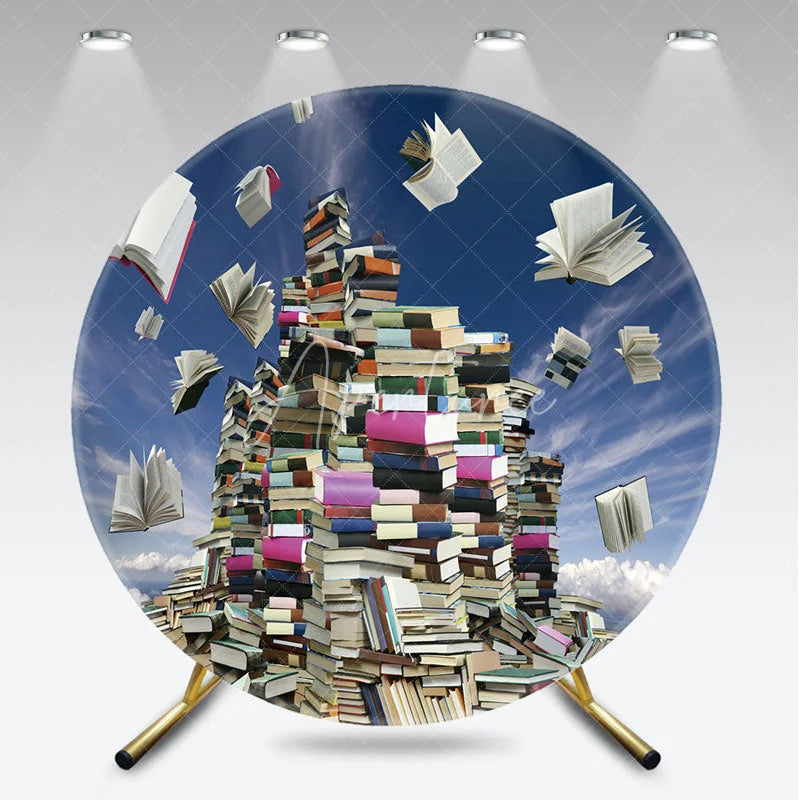 Aperturee - Aperturee Whimsical Flying Books and Stacked Books Round Backdrop Blue Sky Cloud Academic Theme for Graduation