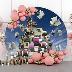 Aperturee - Aperturee Whimsical Flying Books and Stacked Books Round Backdrop Blue Sky Cloud Academic Theme for Graduation