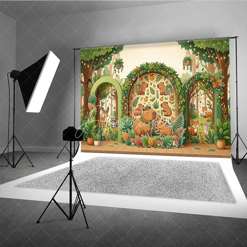 Aperturee - Aperturee Whimsical Forest Capybara Photography Backdrop with Cartoon Animals Trees and String Lights for Kids Birthday Party