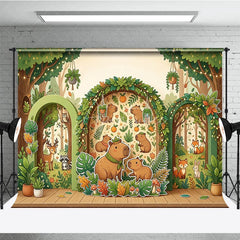 Aperturee - Aperturee Whimsical Forest Capybara Photography Backdrop with Cartoon Animals Trees and String Lights for Kids Birthday Party