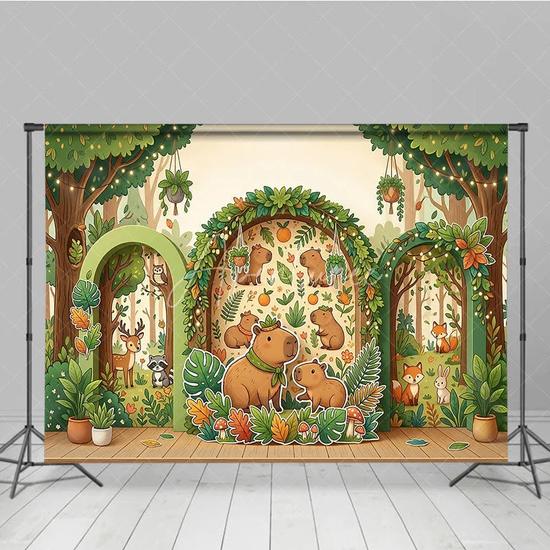 Aperturee - Aperturee Whimsical Forest Capybara Photography Backdrop with Cartoon Animals Trees and String Lights for Kids Birthday Party