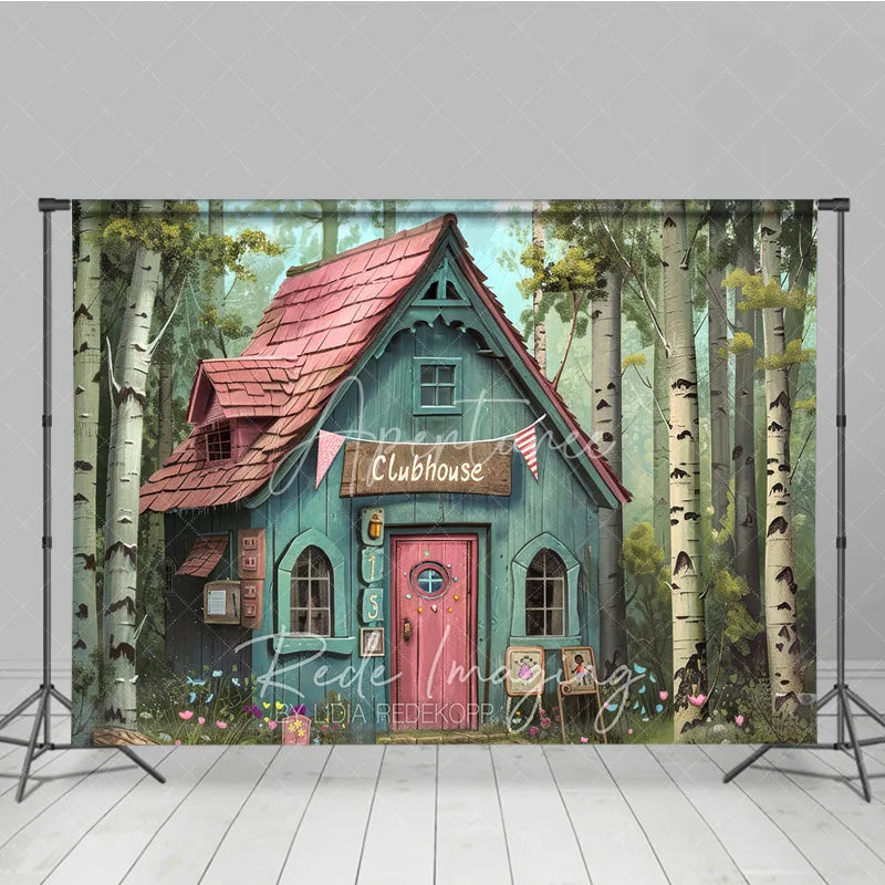 Aperturee - Aperturee Whimsical Forest Clubhouse Photography Backdrop Fairy Tale Blue Cabin and Birch Trees Studio Background