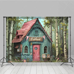 Aperturee - Aperturee Whimsical Forest Clubhouse Photography Backdrop Fairy Tale Blue Cabin and Birch Trees Studio Background