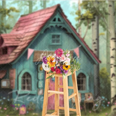 Aperturee - Aperturee Whimsical Forest Clubhouse Photography Backdrop Fairy Tale Blue Cabin and Birch Trees Studio Background
