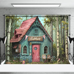 Aperturee - Aperturee Whimsical Forest Clubhouse Photography Backdrop Fairy Tale Blue Cabin and Birch Trees Studio Background