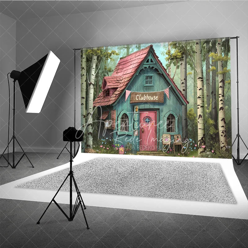 Aperturee - Aperturee Whimsical Forest Clubhouse Photography Backdrop Fairy Tale Blue Cabin and Birch Trees Studio Background