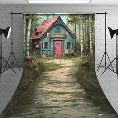 Aperturee - Aperturee Whimsical Forest Clubhouse Photography Backdrop Fairy Tale Blue Cabin Stone Path Sweep Studio Background