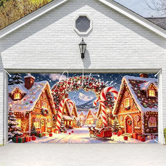 Aperturee - Aperturee Whimsical Gingerbread Christmas Village Garage Door Banner Santa Reindeer Festive Lights Decor